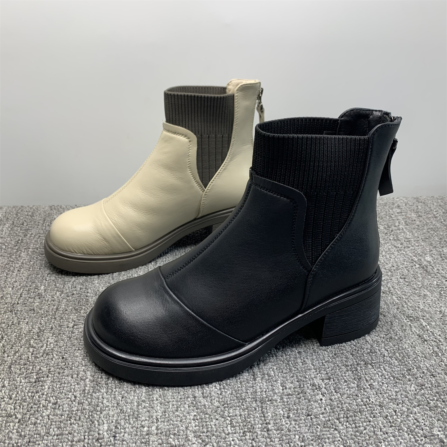 品牌撤柜真皮棉靴女马丁靴后拉链粗跟瘦瘦靴2025冬季中跟短靴加绒