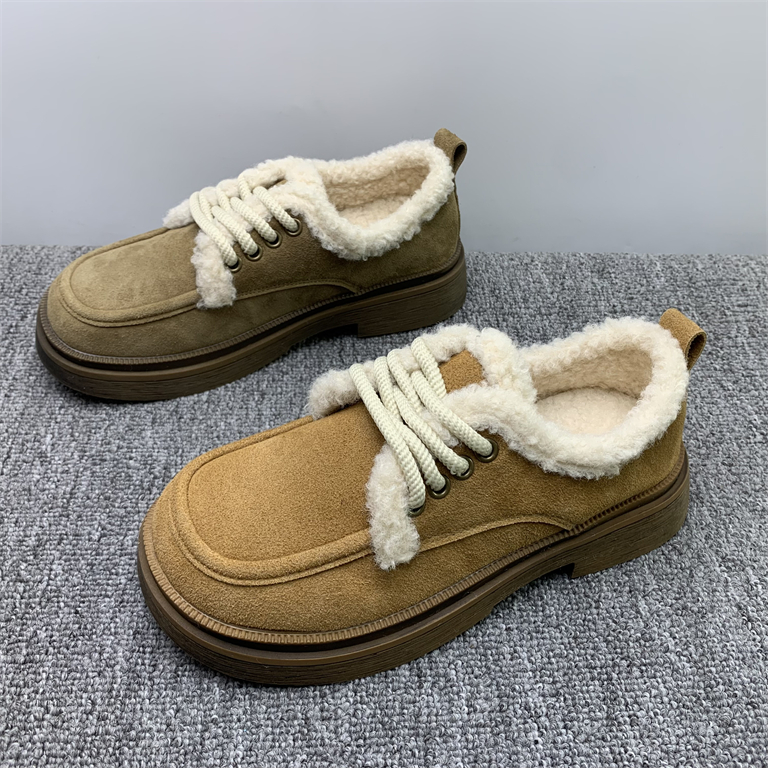 断码处理真皮加绒博肯鞋女2025冬季新款厚底加绒保暖系带毛毛棉鞋