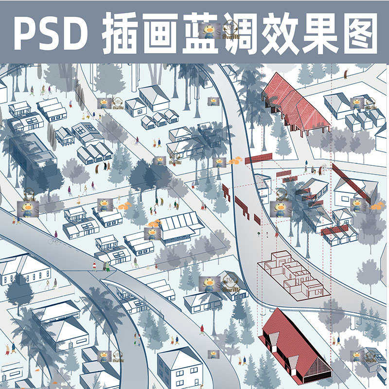 b68蓝色调ps建筑景观规划插画风鸟瞰效果图psd城市设计建筑素材