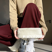 安哥拉红色羊羔绒运动裤 子 休闲卫裤 女秋冬加绒直筒宽松美式 阔腿裤