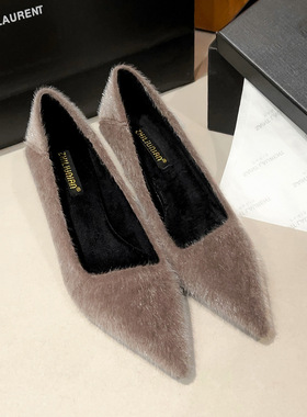 1388-K加绒高跟单鞋女细跟尖头2025秋冬新款职业鞋工作鞋黑色女鞋