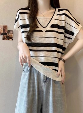 粉色条纹假两件V领短袖T恤女夏季大码胖mm遮肚正肩冰丝显瘦上衣