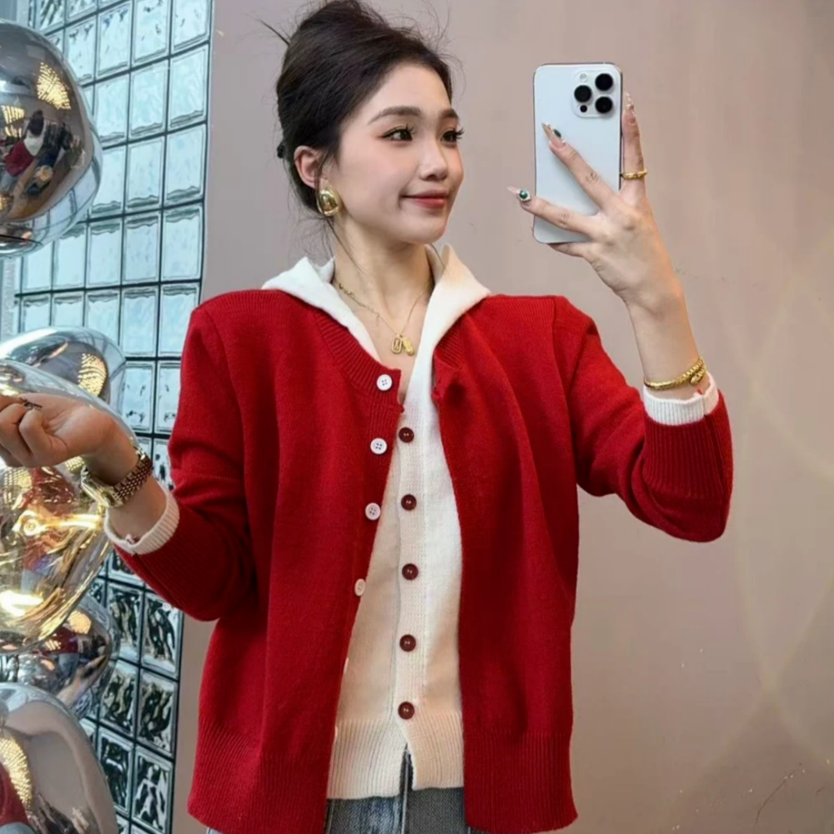 黄色连帽拼接假两件针织毛衣开衫春装女款2025年新款chic韩系上衣