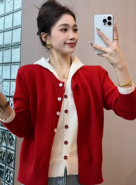 黄色连帽拼接假两件针织毛衣开衫春装女款2025年新款chic韩系上衣