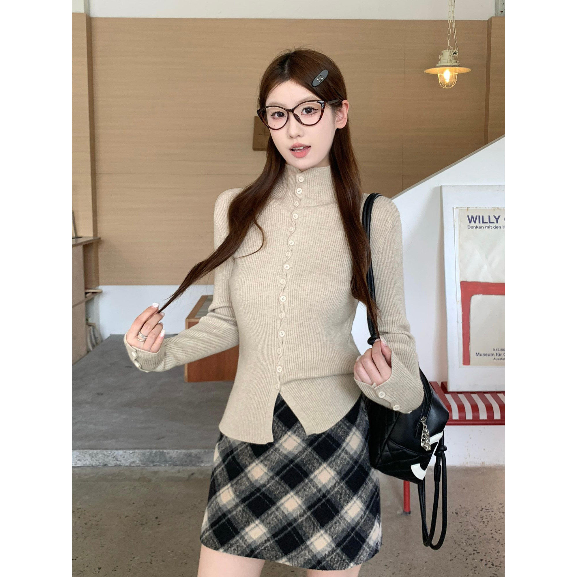 老钱风chic高领针织开衫女秋冬时髦扭结设计感毛衣单排扣外套上衣