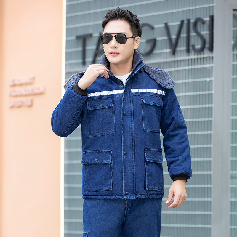 加绒加厚中长款牛仔工作服防风保暖电工焊工耐磨防烫纯棉工装棉服