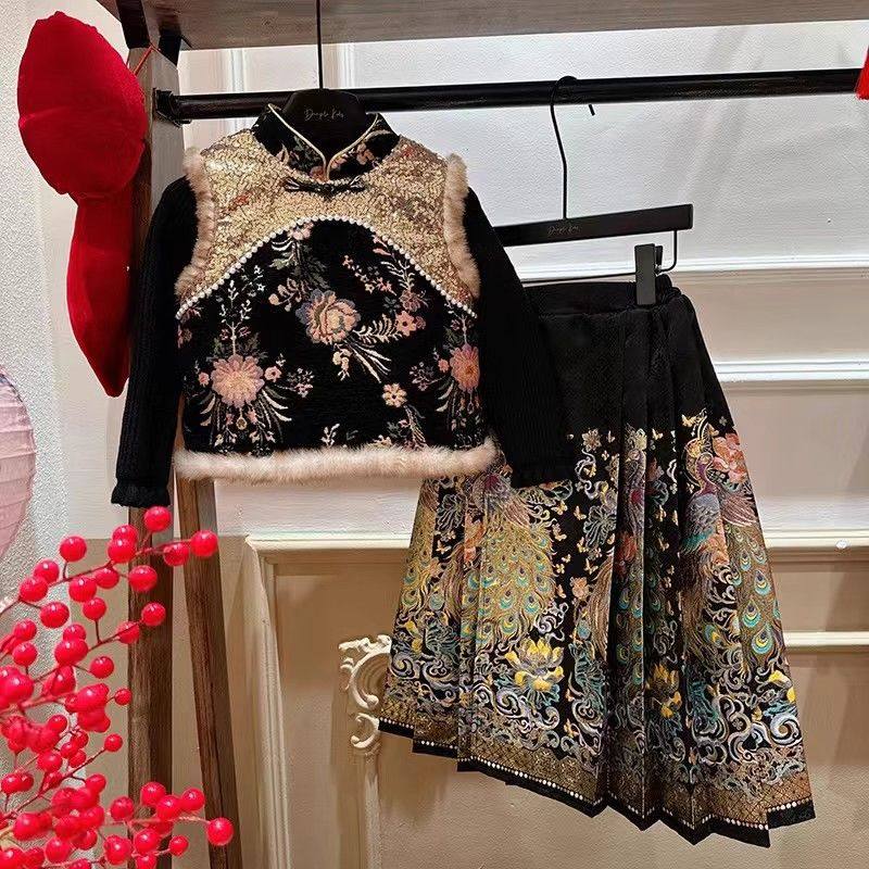 冬季小女孩儿童中式国风绣花加绒夹棉唐装马甲孔雀织金马面裙套装,模玩/动漫/周边/娃圈三坑/桌游,古风/国风套装,淘宝优惠券,粉丝福利购,淘宝优惠卷