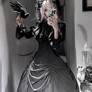 初代原创暗黑哥特Lolita女巫归来鱼骨束腰寡妇裙衬衫复古洛丽塔衬