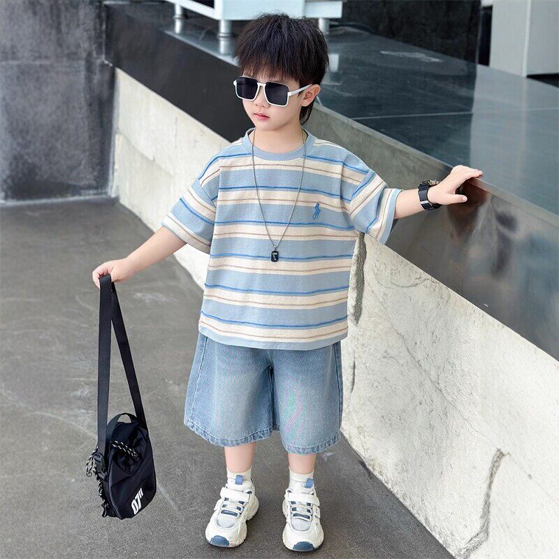 英国next debo男童短袖套装夏2026新款儿童条纹t恤牛仔短裤两件套