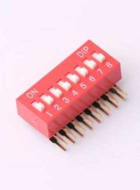 DT-08HT 拨码开关 2.54mm间距 8位 琴键式 90度弯插侧拨凸柄 红色