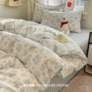 韩系贝壳锁边全棉四件套2026新款 纯棉床单被套学生宿舍床上三件套