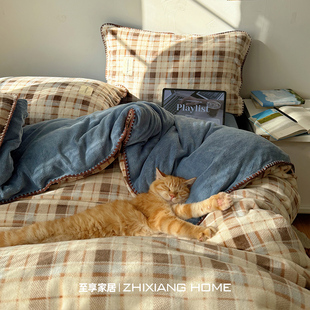 美式复古美拉德格子牛奶绒保暖四件套双面珊瑚绒被套床单笠三件套