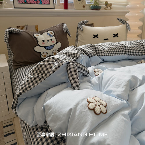 ins立体蝴蝶结毛巾绣纯棉四件套