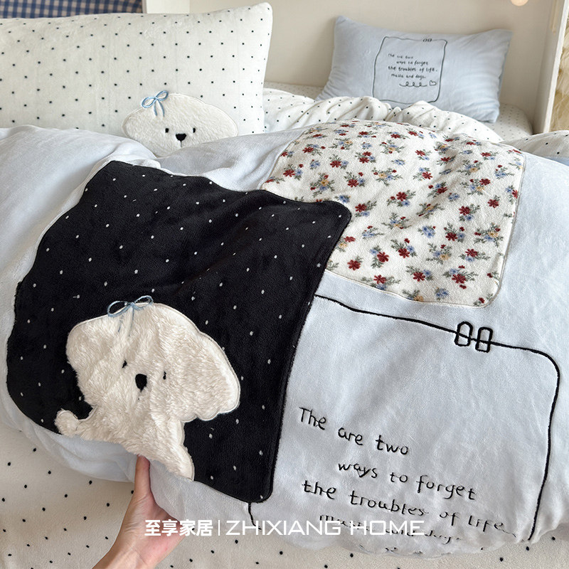 韩系A类兔毛绒贴布绣牛奶绒四件套秋冬加厚保暖珊瑚绒床品三件套4,床上用品,床品套件/四件套/多件套,淘宝优惠券,粉丝福利购,淘宝优惠卷
