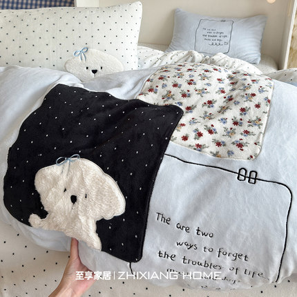韩系A类兔毛绒贴布绣牛奶绒四件套秋冬加厚保暖珊瑚绒床品三件套4