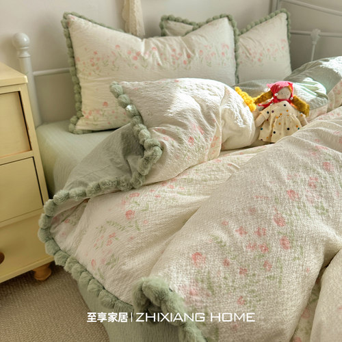 韩系小清新毛球花边床上四件套