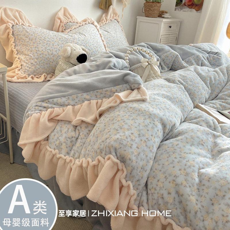 A类母婴级牛奶绒四件套夹棉床盖图片