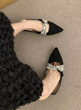 尖头浅口法式单鞋女平底2026春秋季森女复古磨砂一脚蹬软底豆豆鞋