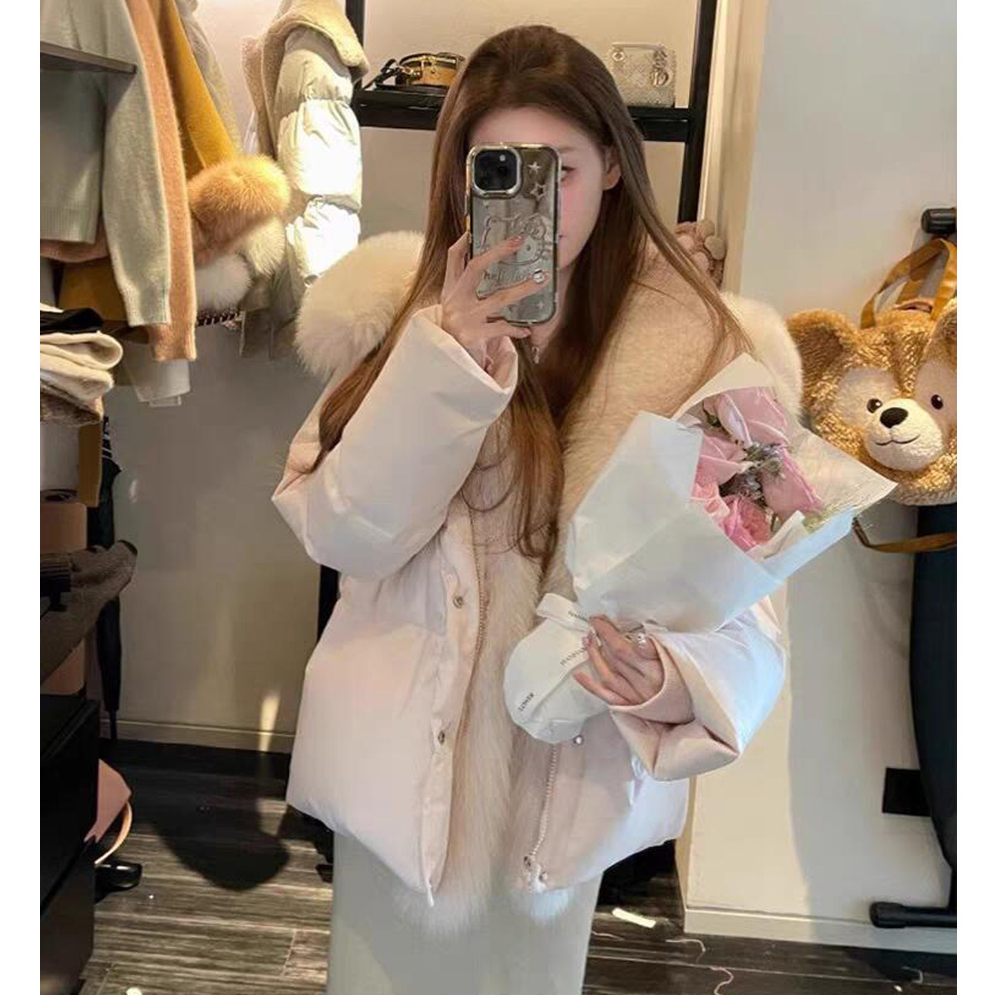 2025韩系冬季新款大狐狸毛领粉色羽绒服女连帽白鸭绒加厚保暖外套