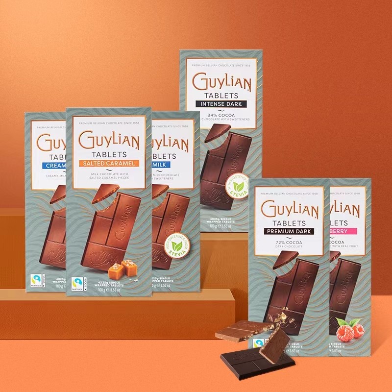 Guylian吉利莲84无食糖黑巧克力72%香浓牛奶排块100g比利时进口