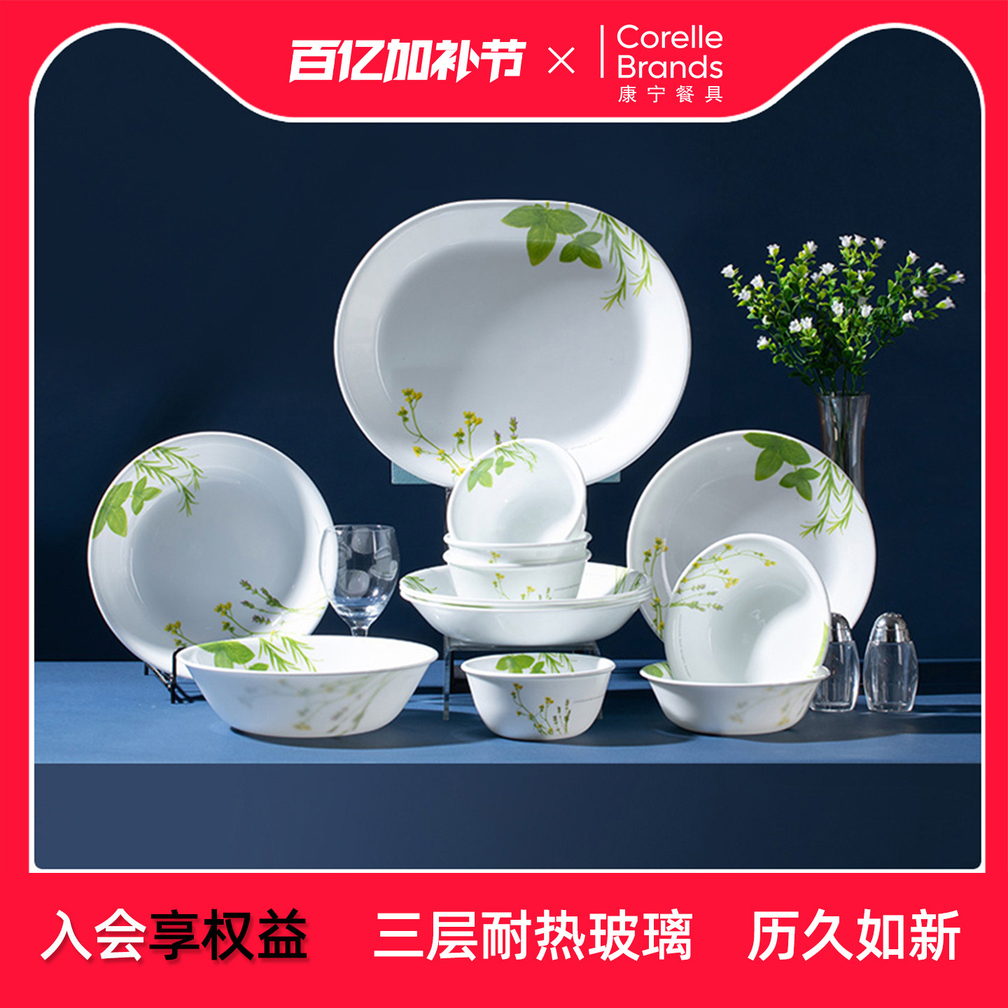 康宁餐具美国进口正品欧洲香草20件36件套装家用玻璃碗盘耐热碗碟