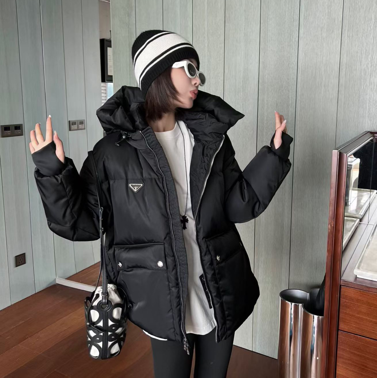 棉服宽松版连帽大口袋外套男女款