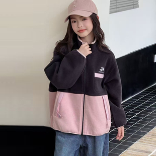 2025秋冬装双面奥丽德绒加厚女童拼色外套中大童磨毛加绒外套