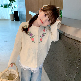 儿童温柔风刺绣针织毛衣宝宝春秋外套潮 女童开衫 2025春装 新款 韩版