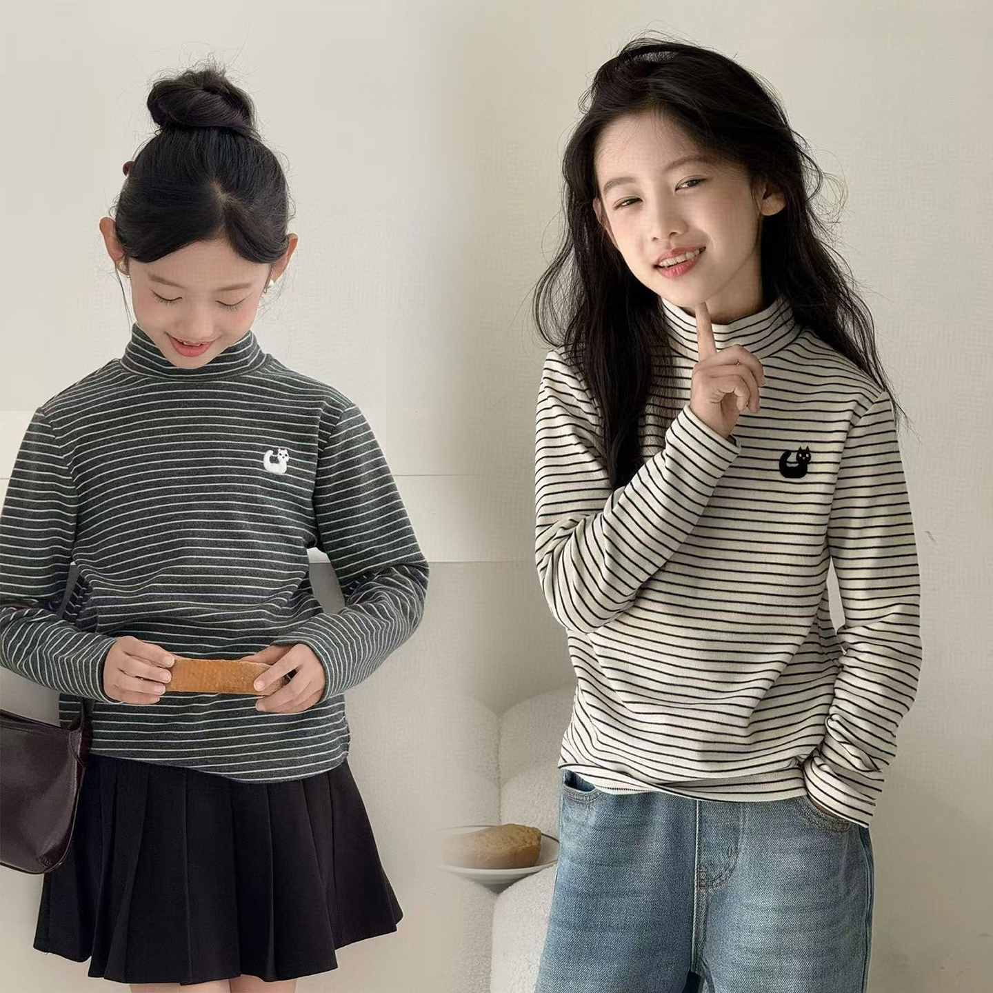 2025冬季新款蓄热磨毛加厚德绒女童条纹打底衫中大童韩版上衣
