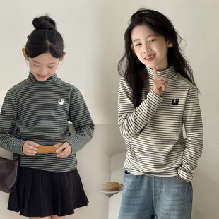 2025冬季新款蓄热磨毛加厚德绒女童条纹打底衫中大童韩版上衣