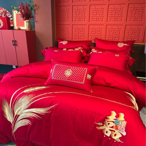 结婚床上用品四件套婚庆纯棉长绒棉床单被套大红色喜被婚房嫁妆