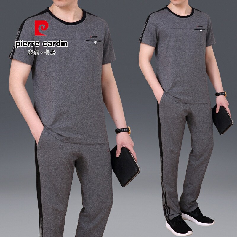 皮尔卡登休闲运动套装男圆领夏季短袖纯棉中老年两件套跑步服长裤