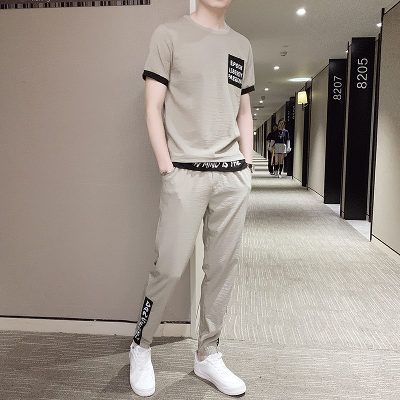 高端运动套装男士冰丝2023夏天季新款一套搭配衣服ins休闲短袖T恤