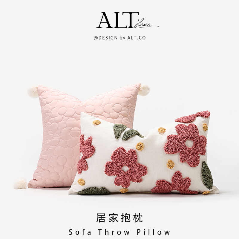 级感花朵簇绒方形靠垫床头靠枕