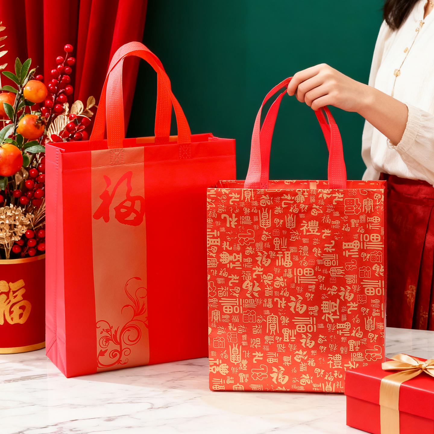 加厚红色无纺布环保礼品袋 春节新年贺年糖果坚果包装购物礼袋子