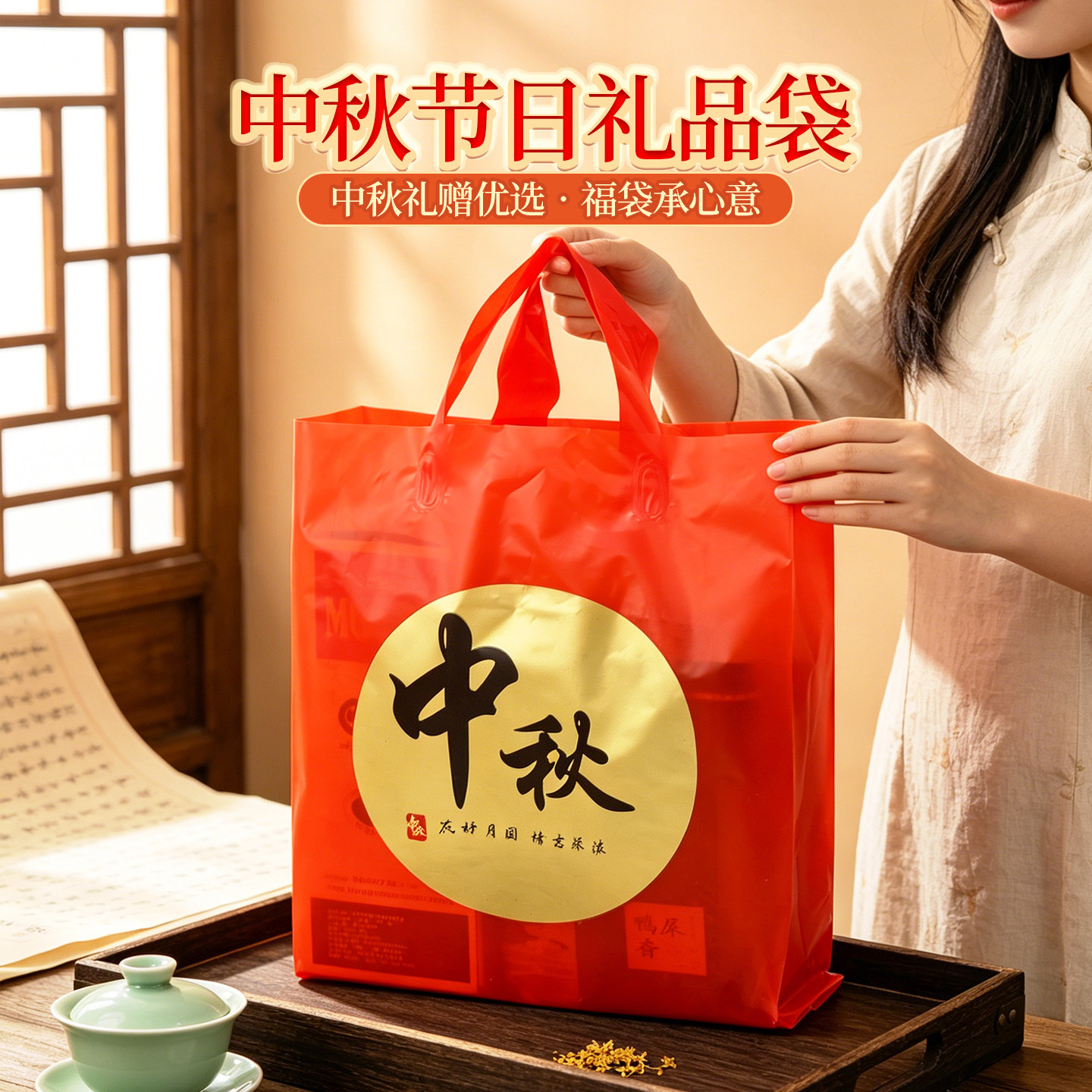 红色礼品手提袋福字加厚塑料袋月饼礼盒包装袋企业送礼福利礼品袋