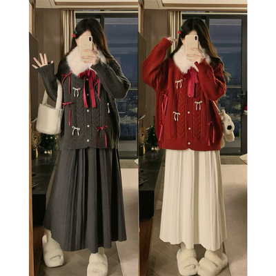 实拍大码秋冬新款大毛领复古蝴蝶结宽松开衫毛衣高腰半身裙两件套