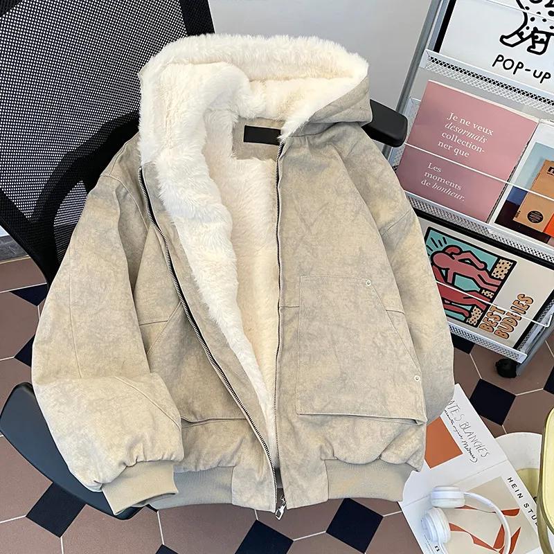 冬季加绒加厚连帽棉衣男做旧美式棉衣