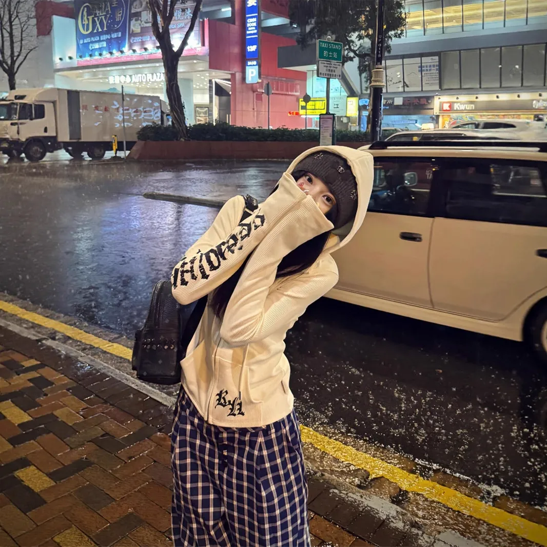 美式辣妹哥特风修身连帽卫衣女春秋2025新款收腰显瘦开衫拉链外套