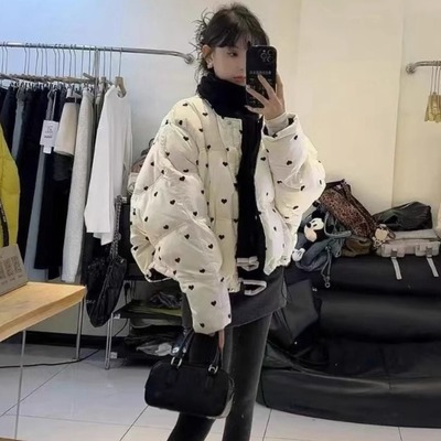 外套冬季新款韩系时尚爱心印花立领加厚保暖棉服百搭减龄轻薄棉衣