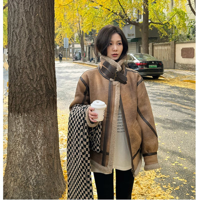 皮毛一体羊羔毛外套女2025新款冬季麂皮绒机车服夹克棉服男女同款