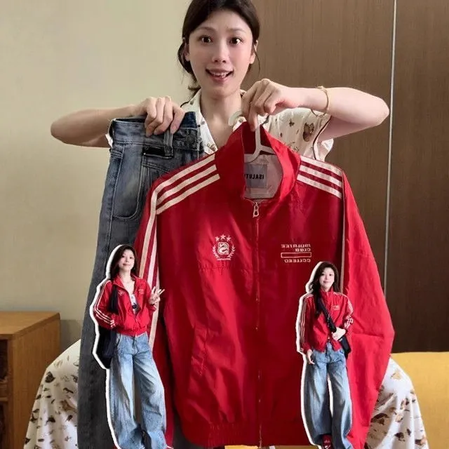 美式红色三条杠工装外套女春秋薄款休闲宽松设计感小众夹克上衣潮