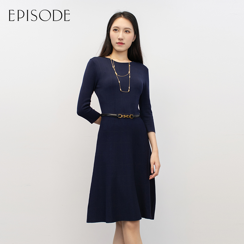 EPISODE新品复古收腰显瘦中长款纯色女士七分袖针织连衣裙