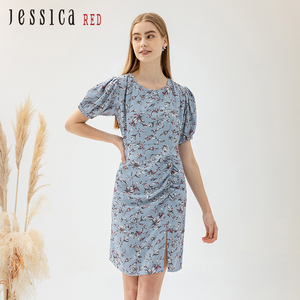 JessicaRED气质女神范印花连衣裙女侧边开叉包臀性感裙