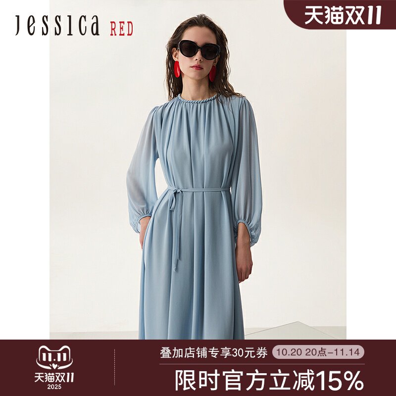 Jessica RED2025年春夏新款优雅纯色雪纺灯笼袖长款连衣裙