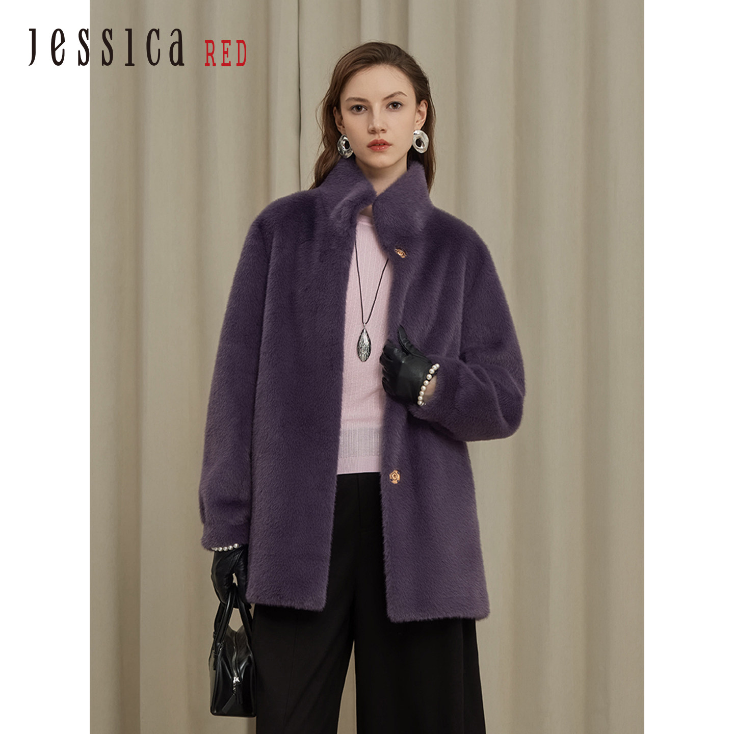 Jessica RED2025年秋季新款经典百搭宽松立领显瘦女款仿皮草外套