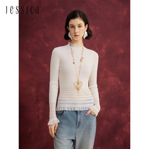 Jessica圆领条纹拼接长袖针织衫