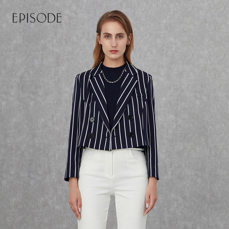 EPISODE艾碧素春夏新品短款条纹西装外套蓝白间色双排扣女1130,女装/女士精品,短外套,淘宝优惠券,粉丝福利购,淘宝优惠卷