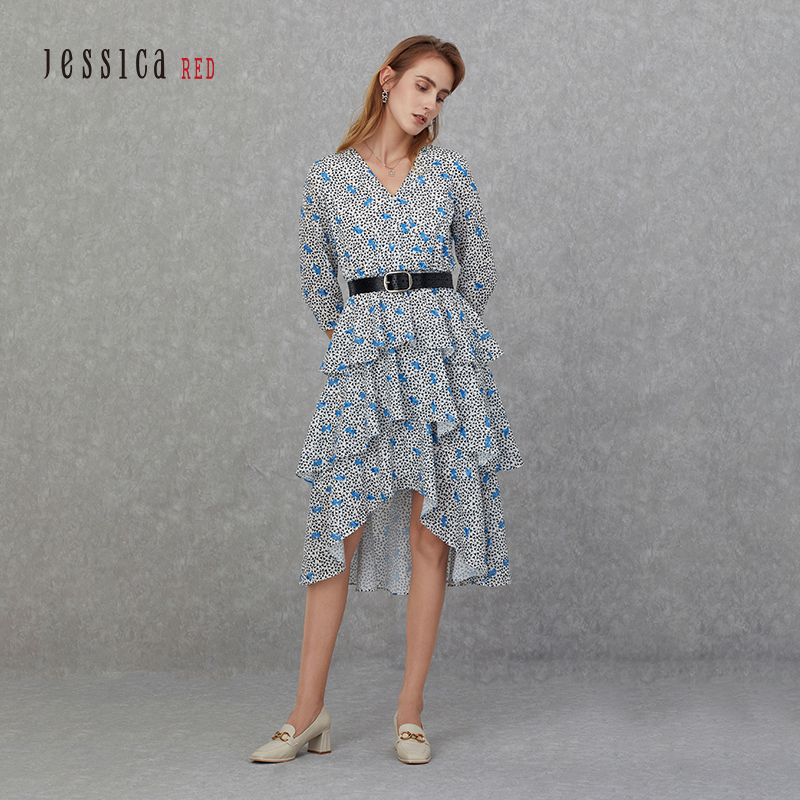 JESSICARED夏新品V领收腰大摆连衣裙蓝黑碎花女层叠蛋糕81317B