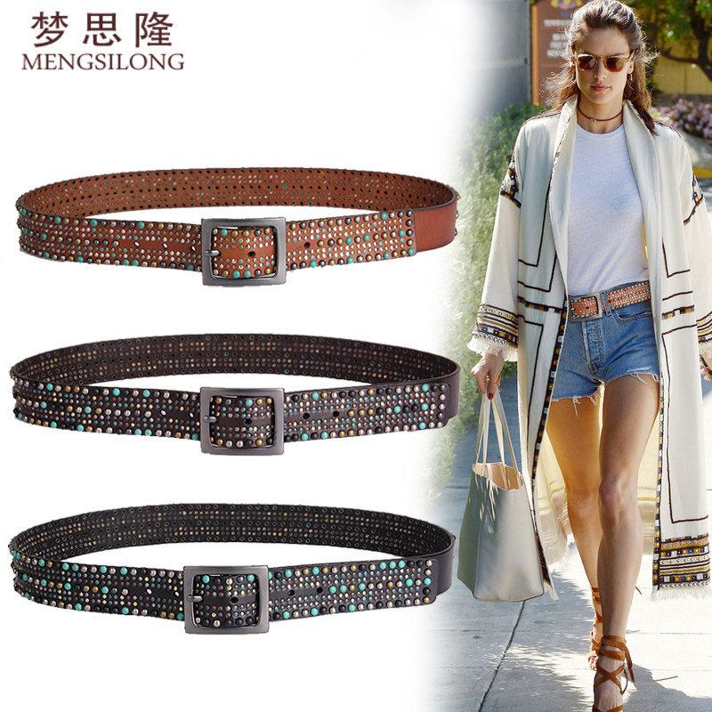 梦思隆千颗手工铆钉头层牛皮皮带男女士真皮针扣纯牛皮腰带朋克风